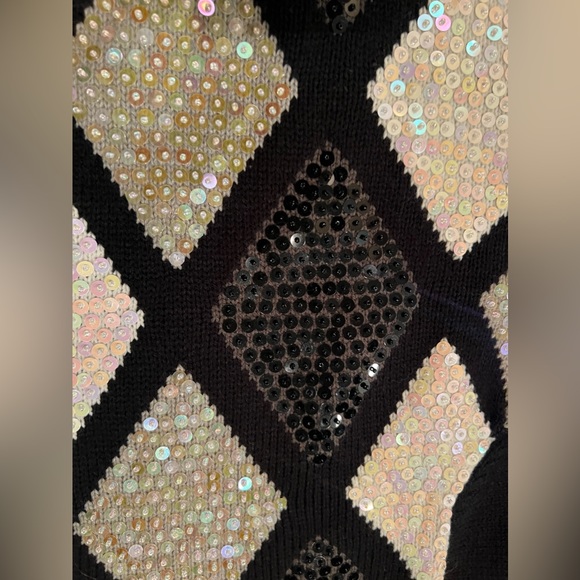 Vintage 90s Black White Sequin Sweater small Alfred Dunner Crew Neck - Picture 2 of 3
